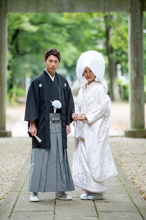 Shinto wedding couple at shrine
