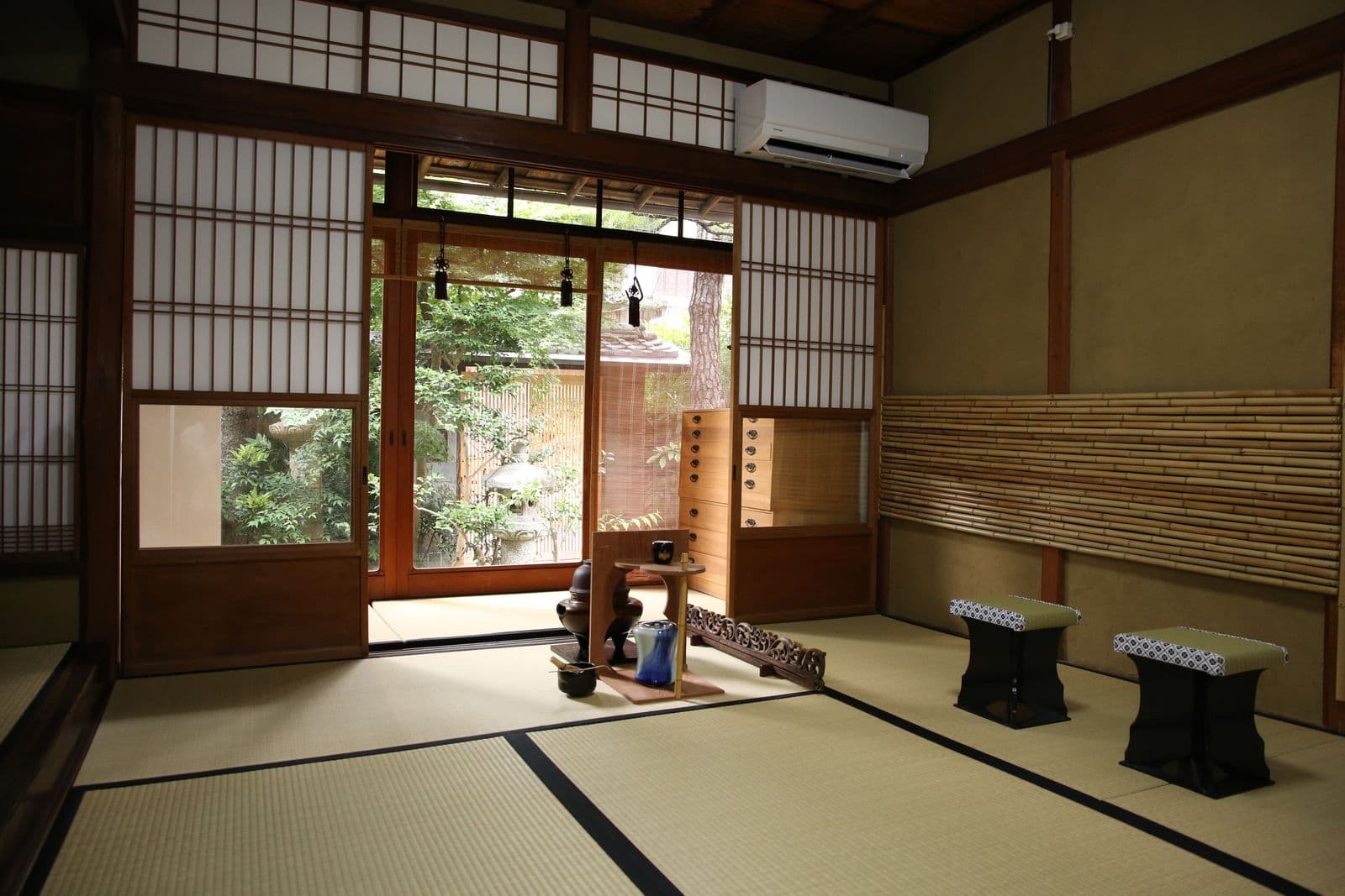 The tatami tea room overlooking the garden
